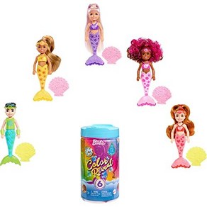 Barbie Chelsea Color Reveal Mermaid Doll with 6 Un 바비 첼시 컬러 공개 인어 인형 6개 개봉 서프라이즈: 무지개가 있는 메탈릭 블루; 액세