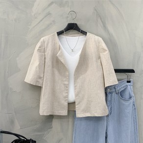 [행복여] 퍼드 노카라 퍼프 소매 린넨 반팔 자켓
