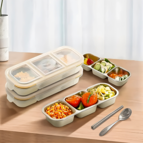 RichMagic 304 스텐 도시락통 과일 간식 다이어트 전자레인지 런치박스 600ml 3칸, 1개, 아이보리