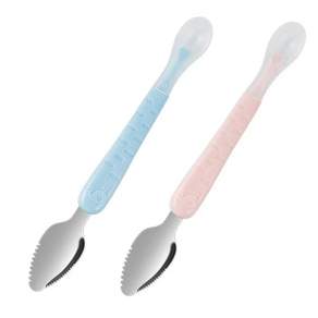 QICHU 쌍두 투웨이 과일사과퓨레 숟가락 스크래치 숟가락 이유식 실리콘 숟가락 스테인리스 숟가락 식기, 피쉬 핑크, 2개, 1