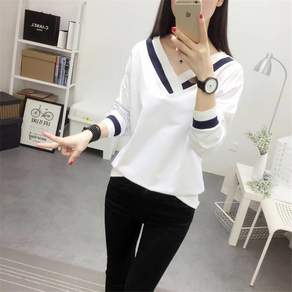 봄 가을 여성 티셔츠 브이넥 배색 루즈핏 빅사이즈 긴팔티 데일리 캐주얼 상의 L~5XL A88
