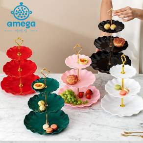 AMEGA 3단 트레이 과일 케이크 간식 파티 스탠 쟁반 트레이, 1개, 핑크