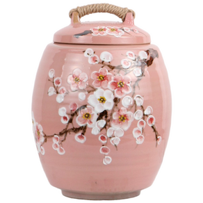 비채 핑크 매화 도자기 쌀독 10kg 쌀항아리 소금항아리