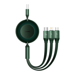 베이스어스 66W 브라이트미러2 3in1 초고속 충전 멀티 데이터 케이블 USB-A 타입 to 5핀+애플 8핀+C타입, 1.1m, 그린, 1개