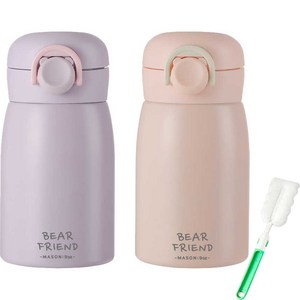 푸코 베어프렌드 원터치 보온병 2p + 세척솔 세트, 350ml, 퍼플, 핑크(보온병)