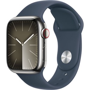 Apple 애플워치 9 GPS+Cellular, 41mm, 스테인리스 스틸, 실버 / 스톰 블루 스포츠 밴드, S/M