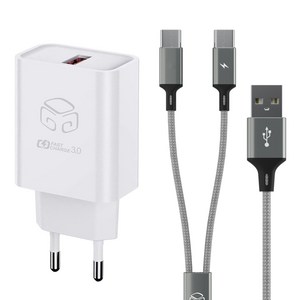 디지지 USB 18W QC3.0 고속충전기 + C타입 2라인 고속충전 멀티케이블 70cm 세트, 화이트(충전기), 메탈실버(케이블), 1세트