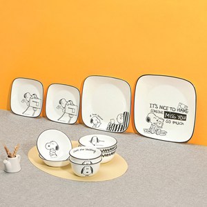 코렐 스누피앤찰리에디션 2인 한국형 사각 식기 세트 10p, 공기 2p + 대접 2p + 앞접시 2p + 사각소접시 2p + 사각중접시 + 사각대접시