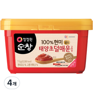 청정원순창 100% 현미 태양초 덜매운 고추장 골드, 1kg, 4개