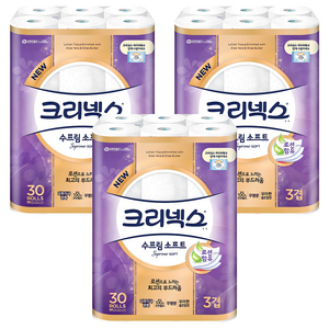 크리넥스 수프림 소프트 천연펄프 3겹 화장지, 30m, 30롤, 3개