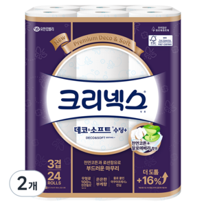 크리넥스 데코 앤 소프트 수딩플러스 천연펄프 3겹 고급롤화장지, 27m, 24개입, 2개
