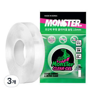 몬스터클리어겔 슬림 초강력 실리콘 양면테이프 15mm x 2m, 3개, 투명