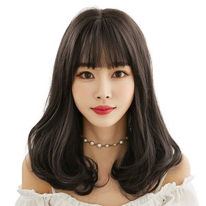 하이유니 시스루 뱅 허그 롤 펌 중단발 헤어 통가발 45cm + 가발망 + 거치대 세트, 챠콜블랙(가발), 랜덤발송(거치대), 1세트