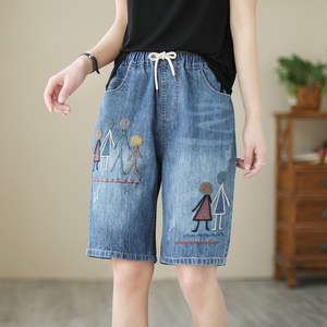 여성 5부 청반바지 빈티지 루즈핏 자수 허리밴딩 청반바지 Women's jeans