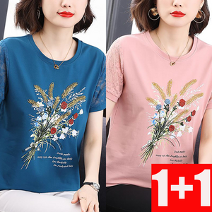 지고다그 1+1 여성 플라워 그래픽 티셔츠 레이스 소매 디테일 편안한 여름 캐주얼 티셔츠 ZXC40019