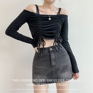 [쫀쫀핏/끈조절가능!] 투셔링 오프숄더 크롭 긴팔티셔츠 몸매보정 글램핏