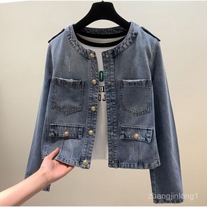S-3XL 라운드넥 주머니 데님 숏코트 날씬해 보이는 트위드 청자켓 70KG까지