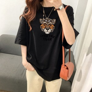 스타일아유 여성 여름 면100% CHEETAH TIGER 레터링 프린팅 루즈핏 반팔 티셔츠 빅사이즈 M~2XL 반팔티 롱티 캐주얼 오버핏 자체제작