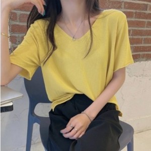 포플러앤씨 여성용 로우지 브이 반팔 니트