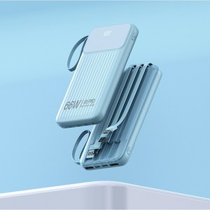 보조배터리 66W 고속 충전 27000mAh 디지털 표시 초슬림 4개의 내장 케이블 항공 규정 준수 기내 반입 가능, 하늘색