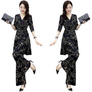 라오농 여성 여름 쉬폰 셔츠 높은 허리 드레이프 넓은 다리 바지 투피스 05d24LL
