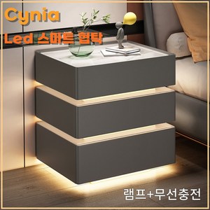 Cynia 튼튼한 가정용 금고 LED조명 스마트 협탁 무선충전 블루투스 스피커 서랍 지문인식, 40*41*62, 램프+무선충전, 다크그레이