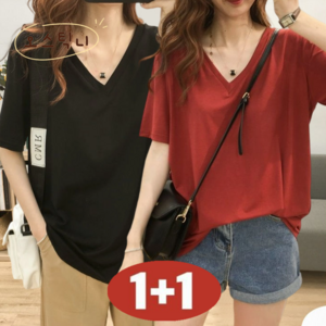 오스틱니 (완전 편한) 150kg까지 빅사이즈 1+1 여성 브이넥 솔리드 일자 티셔츠 반팔 여름 원단좋은 루즈핏 오버핏 날씬해보이는 심플 데일리 패션 기본티 미디티 박스티 티