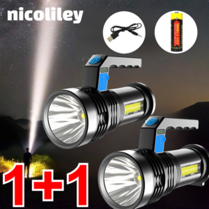 nicoliley 초강력 LED 후레쉬 충전식 서치라이트 미니 고휘도 손전등 후레쉬 1+1, 블랙*1+1, USB, 2개