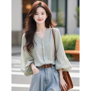 녕동 여성 브이넥 블라우스 루즈핏 데일리 예쁜 벌룬 소매 쉬폰 남방 하객룩 셔츠 오피스룩