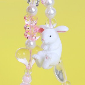 화이트 토끼 핑크 리본 비즈 스트랩 핸드폰줄 핸드폰스트랩 핸드폰고리, 1개