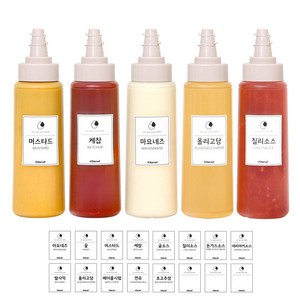 투웨이 흐르지 않는 굵기 조절 원터치 인생 소스통 베이지 5P (모던 스티커 16종 포함), 5개, 350ml