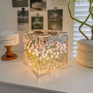 DIY 튤립 거울 큐브 램프 시뮬레이션 꽃 침실 수면 테이블 수제 공예 야간 조명 생일 선물, 01 Puple