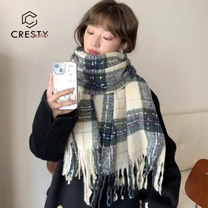 CRESTY 여성용 따뜻한 캐시미어라이크 머플러 별 체크 패턴 목도리