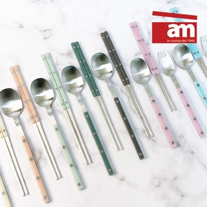 1+1 이태리 am[백화점브랜드] 루비노 수저세트 2인 젓가락 커트러리 사브르 젓가락 숟가락 수제 집들이 선물 디자인수저세트, 핑크+차콜, 1세트, 수저(2P)+젓가락(2P)