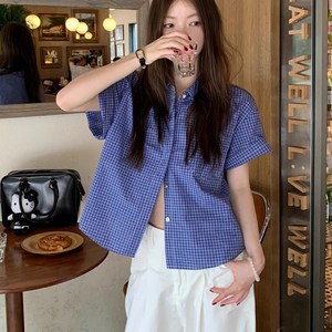 SAHINER 여성 체크 단추 오버핏 반팔티셔츠 ATX24