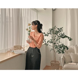 [리리앤코] 데니샤 스판 울 니트 세미크롭 오픈카라 브이넥 가디건