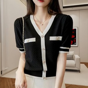 ROYALBELLE 여성 오버핏 데일리 브이넥 반팔티 배색라인 캐주얼 기본핏 니트티 D0040104
