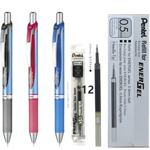 Pentel 에너겔 노크식 볼펜 리필 세트, BLN75-A 0.5mm 볼펜3개+리필 흑색12개 세트