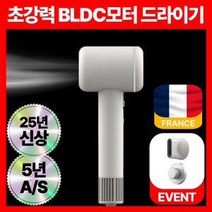 프랑스 BLDC 초고속 음이온 초경량 헤어 드라이기 거치대 노즐 포함 브러시리스 전문가용 1400W, Pemium White