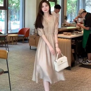 루스리더 여성 여름 브이넥 슬림핏 실크 원피스 E928