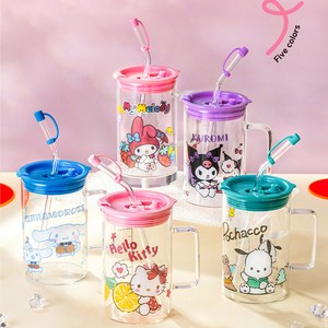 산리오 빨대 유리컵 5colo 700ml 유리머그 맥주컵 계량 뚜껑, 헬로키티, 1개, 헬로키티