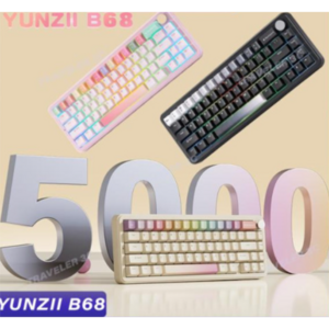 [윤지] YUNZII B68 무선 기계식 게이밍 키보드 65%배열 RGB 5000mah 전키핫스왑DIY gasket구조 3모드 회전노브, 핑크-코코넛 밀크축(사무용)