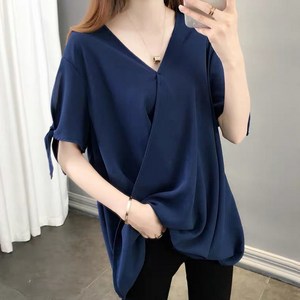 빅사이즈 L~6XL 여자룩 심플 루즈핏 벨티드 레이어드 하프 반팔 블라우스 여성 여름 무지 반팔티