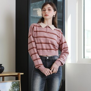 힐루나 여성 루즈핏 스트라이프 배색 카라 버튼 크롭 니트 제스린카라넥