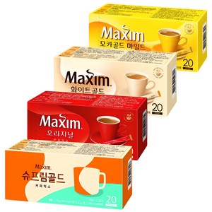 맥심 커피믹스 4종 [모카골드20입+화이트골드20입+오리지널20입+슈프림20입], 1세트, 20개입, 11.8g