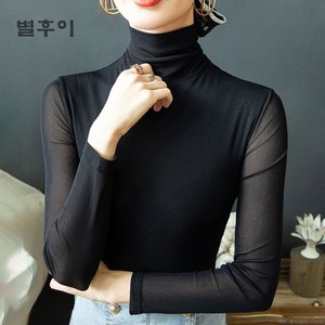 별후이 여성용 데일리 빅사이즈 목폴라 스판 이너티 망사 슬림핏 긴팔 티셔츠