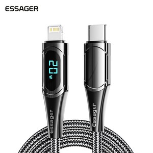 ESSAGER 디지털 디스플레이 PD20W C타입 to 라이트닝 고속 충전 케이블 아이폰 핸드폰, 2m (A-046), Black, 1개