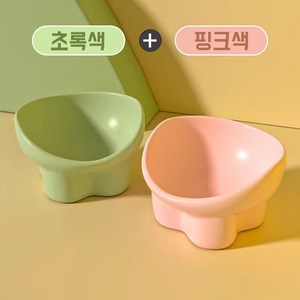 HAM 경사형 반려동물 도자기 밥그릇 식기 2종 세트, 2개, 초록색+핑크색