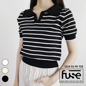 FUSE ITEMS 여자 니트 스트라이프 반팔 PK TEE 카라 티 오픈 넥 라인