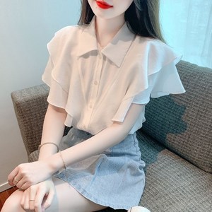 COSYEVNO 고품격 화이트 쉬폰 반팔 셔츠 프릴 패션 상의